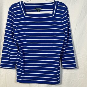 LAUREN RALPH LAUREN Women's Blue/White Striped Square Neck L.S. Top - Size‎ XL